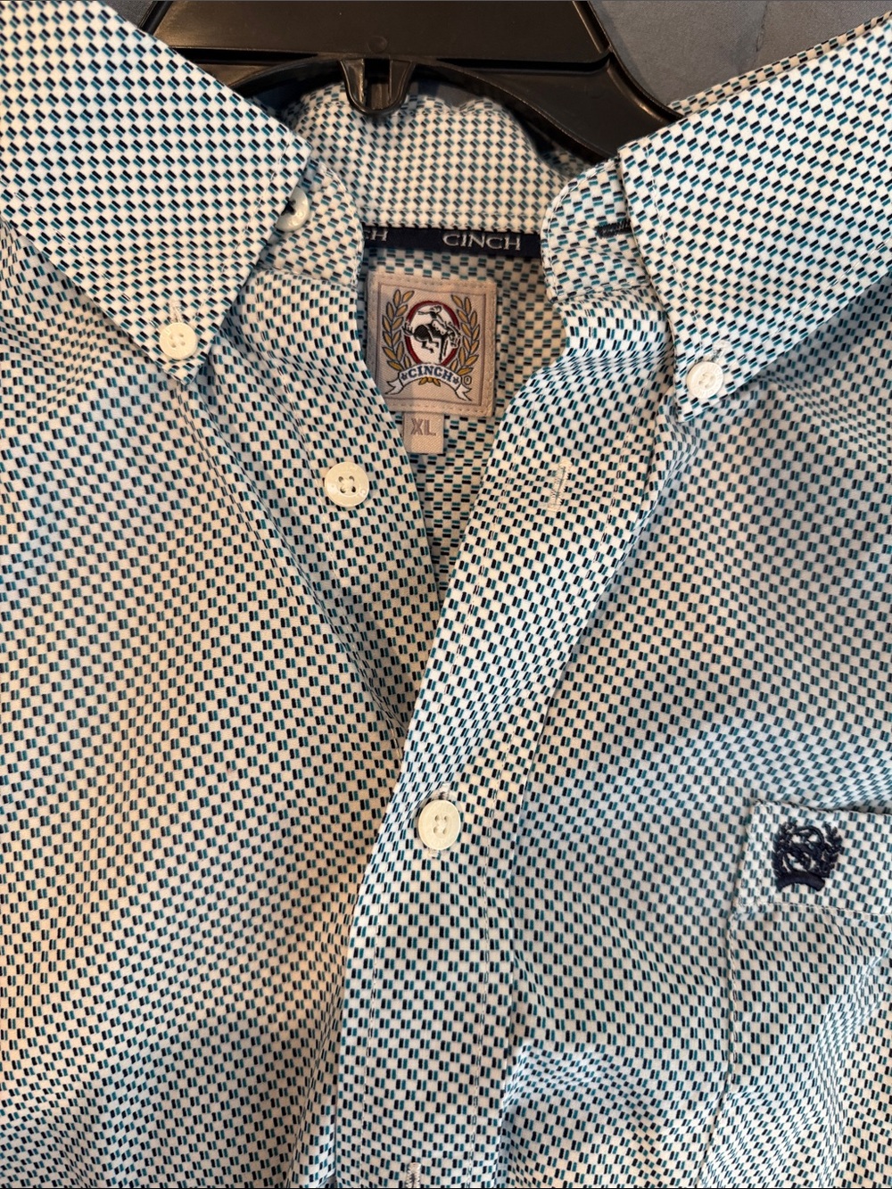 Cinch Men's Button-Up Shirt in White and Teal Micro-Check